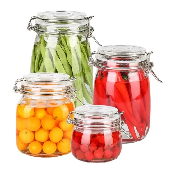 8oz/16oz/25oz/30oz Glass Storage Jar with Sealed Hinged Lid Leakproof Glass Jar Wide Mouth Mason Jar for Dry Food Cereal Sugar Jam with Sealing Glass Lids