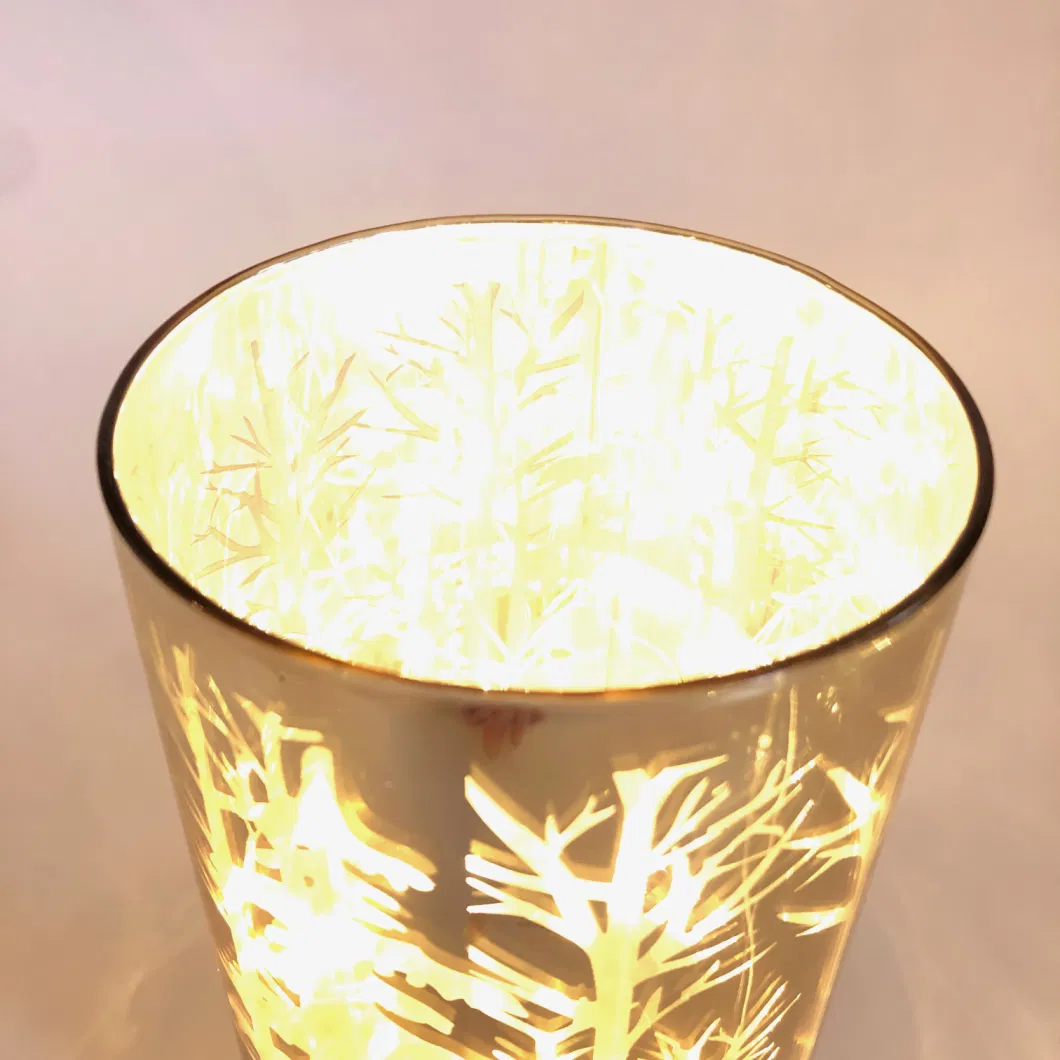 Christmas Golden Metal and Glass Candle Holder with LED Light for Home Decoration